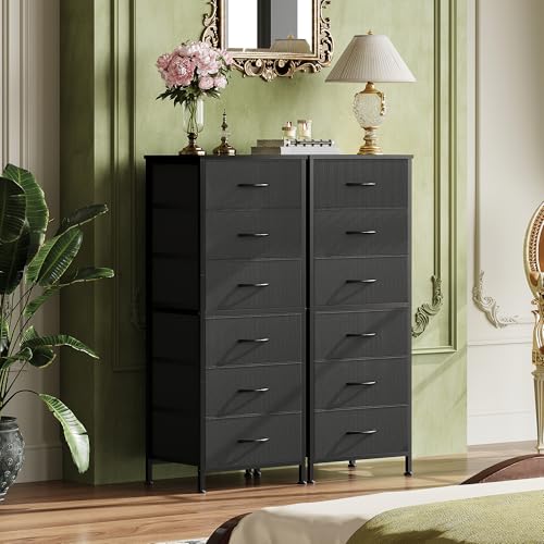 WLIVE Tall Black Dresser for Bedroom, 6 Drawer Vertical Fabric Dresser, Skinny Chest of Drawers for Closet, Narrow Storage Tower with Wood Top and Metal Frame, Tall Nightstand for Small Spaces - color: Black, size: 11.73"D x 15.67"W x 39.37"H