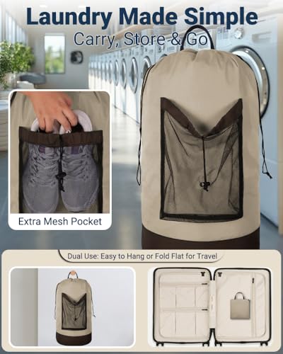 Laundry Bag with Shoulder Straps and Mesh Pocket Laundry Backpack Large Portable Laundry Hamper for College Laundromat Apartment - color: Khaki & Brown