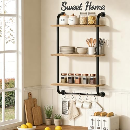 Tinpin Bathroom Shelves Wall Mounted, 3-Tier Rustic Wood Wall Shelf, 17.3 inch Industrial Pipe Floating Shelf for Bathroom,Kitchen,Bedroom,Living Room,Brown - color: Brown, size: 3 tier