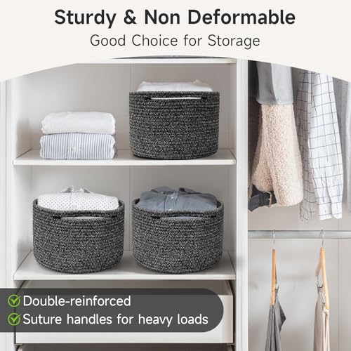 Small Rope Baskets for Storage, Baskets for Gifts Empty, Cute Round Woven Basket, Decorative Shelf Baskets 9.82×9.82×7.1", Cotton Toy Basket Storage Bins for Organizer 3 Packs Black - color: Mixed Black-3PCS