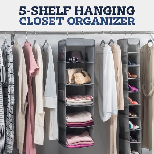 ZOBER Hanging Closet Organizer, 5-Shelf - Hanging Storage Organizer Shelves for Clothes, Towels, Toys - College Dorm Room, Nursery, & Home Closet - color: Grey, size: 5-Shelf