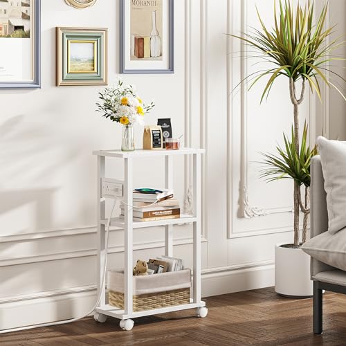TUTOTAK Small Narrow Side Table with Charging Station, Skinny End Table for Small Spaces, Slim Nightstand with USB Ports and Outlet, Sofa Beside Table with Wheels, White TB01BW046 - color: White, size: 1 PC, style: With Plug