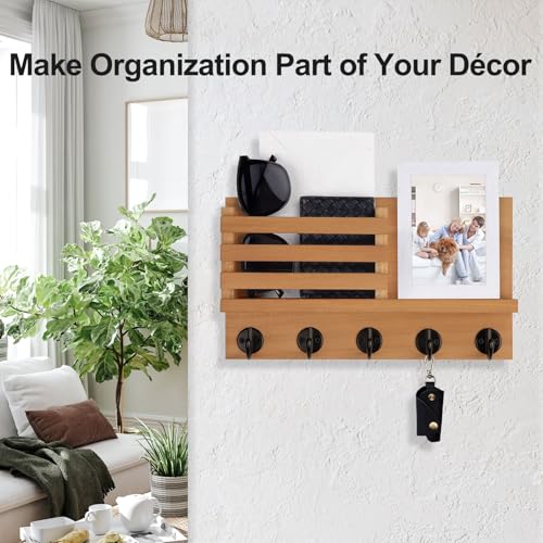 Lwenki Key Holder for Wall – Decorative Wooden Mail Holder and Key Shelf with Mounting Hardware, Installation Guide – Paulownia Wood with Metal Key Hooks (Light Brown, Large - 11.8inch) - color: Light Brown, size: Large - 11.8inch