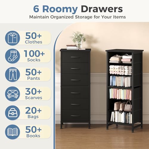 DUMOS 6 Drawers Dresser for Bedroom with Wheels, Fabric Storage Cabinet Organizer with Removable Fabric Bins, Sturdy Steel Frame for Living Room, Office, Entryway, Closets, Black - color: Black, size: 11.8"D x 15.7"W x 39.4"H (6 Drawers)