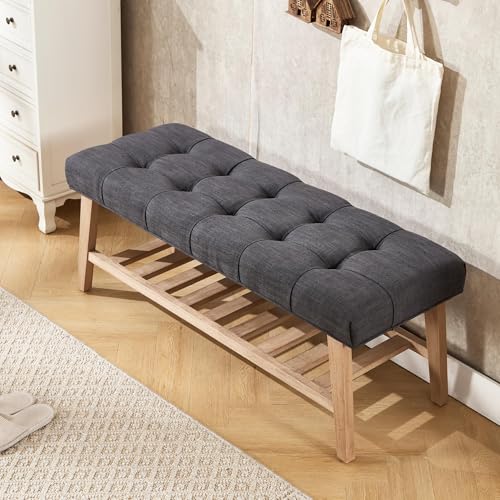 Farmhouse Storage Entryway Bench with Shoe Shelf, Linen Fabric Upholstered 2 Tier Button Tufted Bench with Wooden Frame for End of Bed/Hallway/Reception/Living Room, Charcoal - color: Charcoal