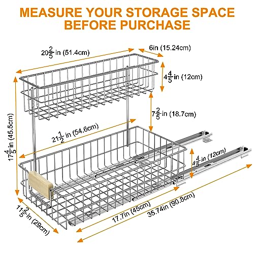 ROOMTEC Pull Out Cabinet Organizer, Under Sink Slide Out Storage Shelf with 2 Tier Sliding Wire Drawer, Sliding Storage for Inside Kitchen Cabinet- 11½ in. W x 21½ in. D (Left) - color: 11.5"W*21.5"D(Wood Handle-Left)