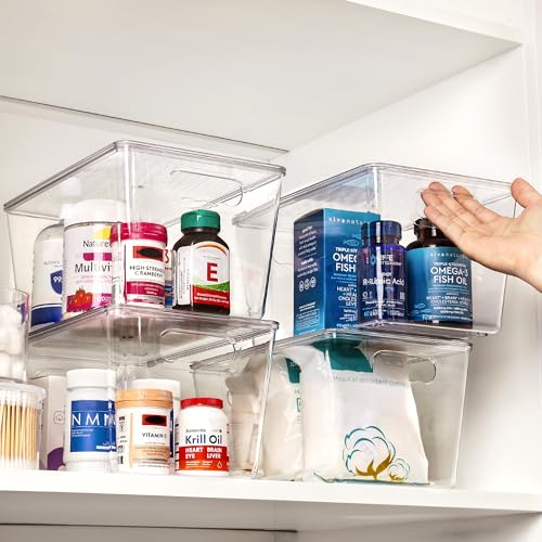 Vtopmart 4 Pack Clear Stackable Storage Bins with Lids, Large Plastic Containers with Handle for Pantry Organizer and Storage,Perfect for Kitchen,Fridge,Cabinet, Closet,Bathroom Organization - size: L( 11"L x 7.5"W x 6"H)