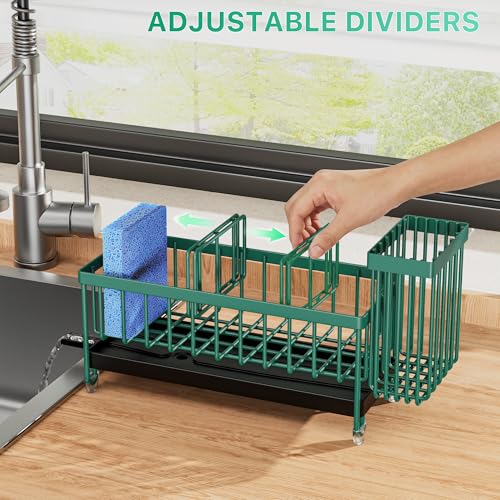 Cisily Sponge Holder for Kitchen Sink, Sink Caddy Organizer with High Brush Holder, Kitchen Countertop Organizers and Storage Essentials, Rustproof 304 Stainless Steel (Dark Green, 9.25″) - color: Dark Green