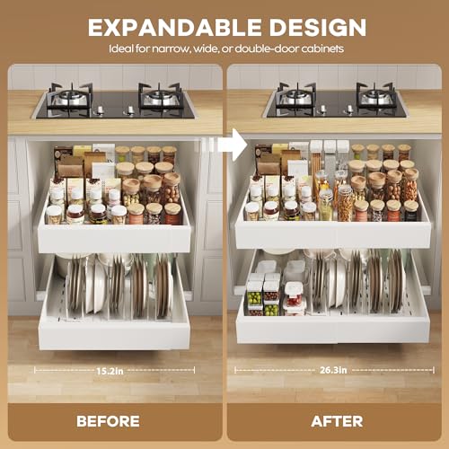 Seinloes 2 Pack Pull out Cabinet Organizer 21" Deep With Raising Pad for Framed Cabinets,Expandable (15.2"-26.3"W) Slide out Drawers for Kitchen Cabinets with 4pcs Divider Racks,Roll out Shelves,White - color: White, size: 15.2"-26.3"W x 21"D(2Pack)