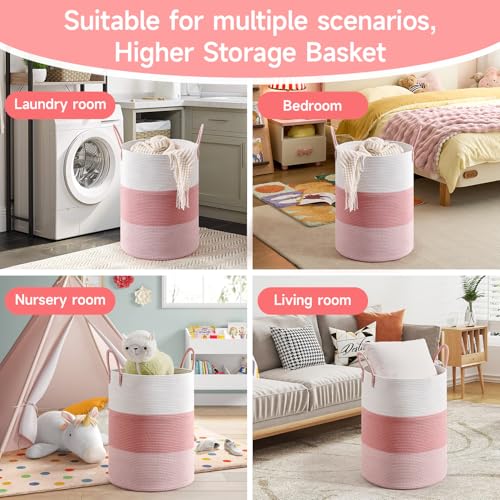 CLHMILY&Z 100L Laundry Basket Round Storage Rope Basket - 18.1x24 Inches - Pink Hamper in Bedreoom and Cute Storage Bin for Blankets, Toys, and Nursery Essentials - color: Pink & White, size: 100L