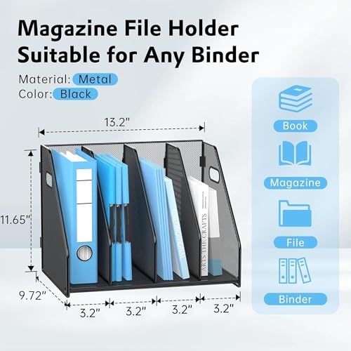 SUPEASY Binder Organizer, Magazine File Holder with 4 Vertical Compartments Rack, Metal Desk File Organizer & Binder Holders, Magazine Organizers for Office Desktop, Home, School (Black) - color: Black, size: 4Rack