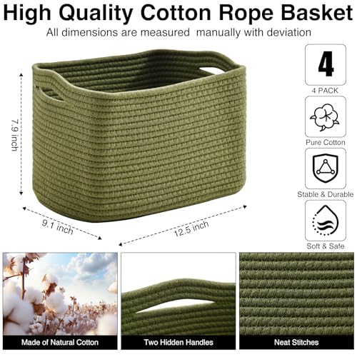 ICERZCZ Storage Basket for Shelves, Small Baskets for Organizing, Woven Cotton Rope Baskets for Storage, Book Basket, Decorative Shelf Basket, 12.5"Lx9.1''Wx7.9''H (4 Packs) Green - color: Green, size: 12.5"(l)×9.1"(w)×7.9"(h)