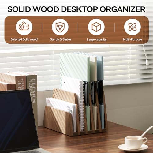 KIRIGEN Wooden Desk Mail Organizer 5 Slots File Paper Holder Desktop Wood Document Letter Holder Organizer for Home Office Dark Brown (5KWJJ-DBR) - color: Dark Brown, size: 5 Slots