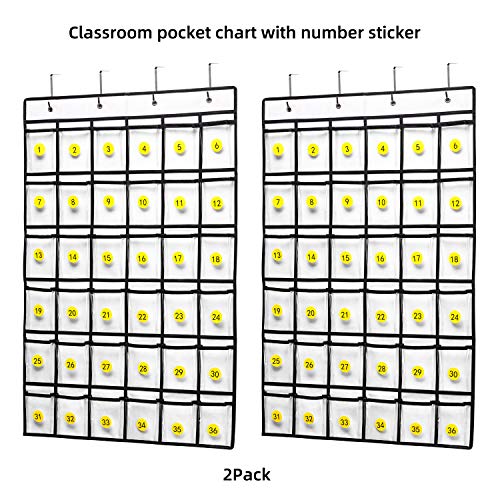SAVERHO 2 Pack 36 Pockets Classroom Pocket Chart for Cell Phone Calculator Holder,Clear Pocket Chart Organizer for Classroom Cellphone Storage with 36 Number Sticker Size:38.5x25.7 Inch (White-2pack) - color: White-2pack of 36pockets