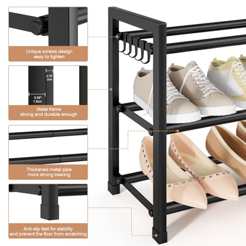 Expandable Shoe Rack - 18.5''- 47'' Adjustable Shoe Rack for Closet, 3 Tier Long Shoe Shelf Storage for 18 Pairs Shoe and Boot, Sturdy Metal Shoe Organizer for Entryway, Garage, Black