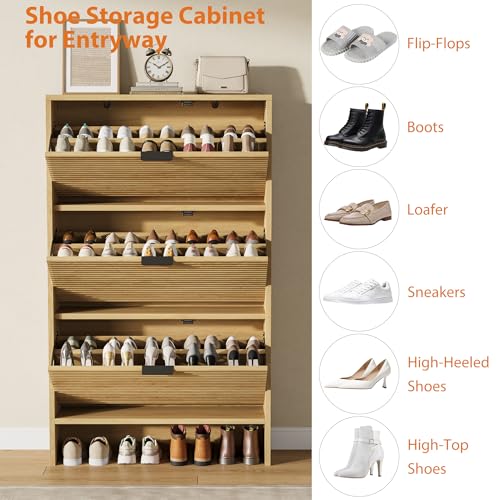 Garvee Shoe Storage Cabinet for Entryway, Fluted Shoe Cabinet with 3 Flip Drawers Doors, 32" Wide Hidden Shoe Rack Tall Freestanding Shoe Organizer for Entrance, Hallway, Living Room, Natural - color: Natural, size: 3 Drawers