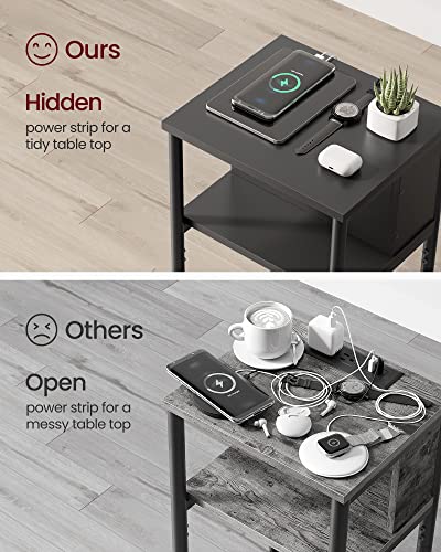 VASAGLE Side Table with Charging Station, 3-Tier End Table with USB Ports and Outlets, Nightstand for Living Room, Bedroom, 11.8 x 13.4 x 22.8 Inches, Plug-in Series, Black - color: Black