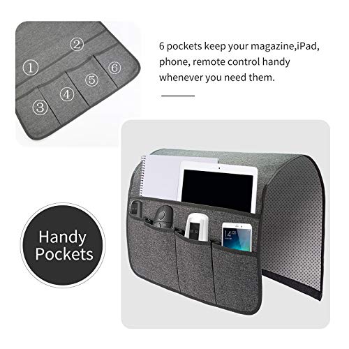 Sofa Armrest Organizer, Remote Control Holder for Recliner Couch, Arm Chair Caddy with 6 Pockets for Magazine, Tablet, Phone, iPad - color: Dark Grey, size: W19'' x L33''