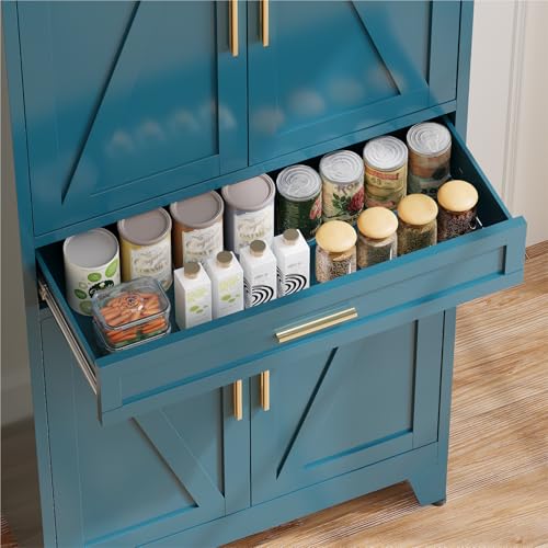 COFaR 71 in Tall Kitchen Pantry Cabinet with Drawer, Metal Pantry Storage Cabinet with 4 Adjustable Shelves and 4 Barn Doors, Freestanding Farmhouse Food Cupboard for Dining Room, Peacock Blue 6-Tier - color: Peacock Blue, size: 71 Tall 4 Doors 1 Drawer-F