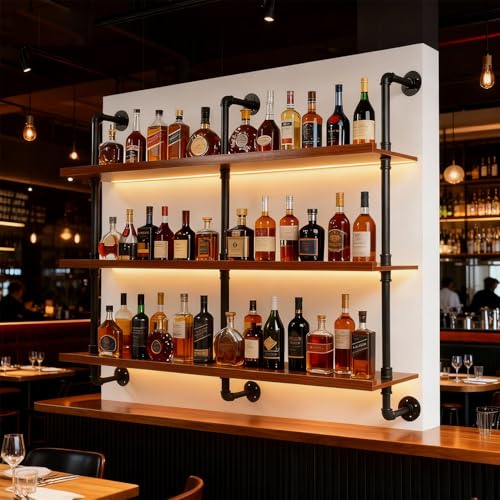 55" Modern Wall Mounted Wine Rack with LED Lights, 3-Tiers Industrial Pipe Liquor Floating Shelves, Rustic Metal Wall Wine Rack for Home, Restaurant, Commercial Bar, Kitchen Storage Display - size: 55inch/140cm