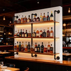 55" Modern Wall Mounted Wine Rack with LED Lights, 3-Tiers Industrial Pipe Liquor Floating Shelves, Rustic Metal Wall Wine Rack for Home, Restaurant, Commercial Bar, Kitchen Storage Display - size: 55inch/140cm