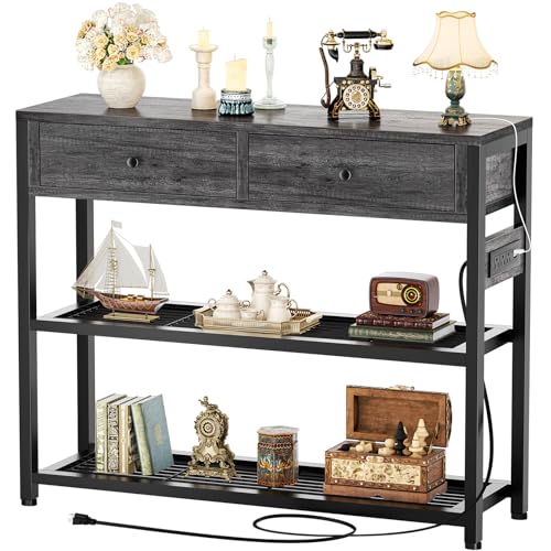 Ecoprsio Entryway Table with Outlets and USB Ports, Small Console Table with 2 Drawers, Sofa Table with Storage Shelves for Living Room, Couch, Hallway, Foyer, Kitchen Counter, 32'', Grey Oak - color: Grey Oak, size: 32-In