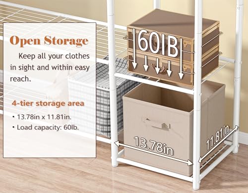Wardrobe Closet,Portable Clothes Rack with 4 Tiers Shelves,Freestanding Closet Organizers and Storage System with Hanging Rods,Steel Clothing Rack Suitable for Cloakrooms,Bedrooms,Entrances,etc.White - color: White