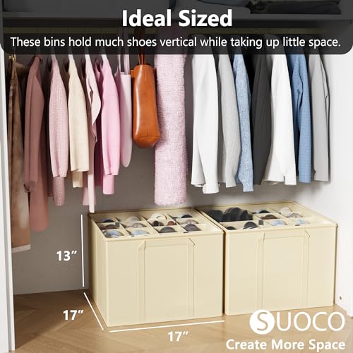 SUOCO 2 Pack Shoe Organizer for Closet, Fits up to 32 Pairs, Small Space Shoe Storage Boxes Bins Containers w/Adjustable Dividers and Clear Top, Black, Beige - color: Beige