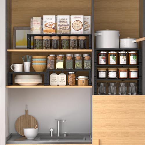 Expandable,Adjustable & Stackable Spice Rack, Cabinet Kitchen Countertop Shelf Organizer,Metal Pantry Storage Shelves - Space-Saving Storage Solution(1Pack/Black/Medium) - color: Black, size: 1PACK/BLACK/MEDIUM