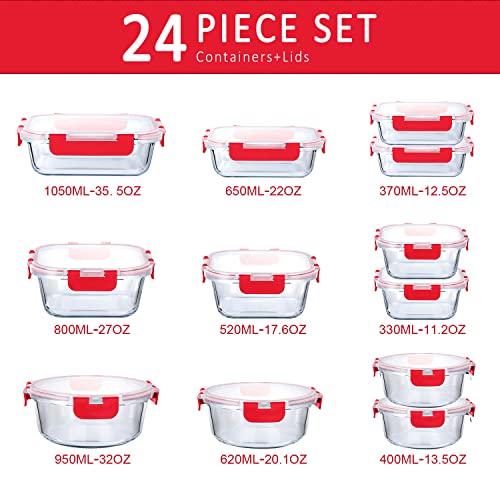 M MCIRCO 24-Piece Glass Food Storage Containers with Locking Lids,Glass Meal Prep Containers Set - Airtight Lunch Containers, Microwave, Oven, Freezer and Dishwasher, Red - color: Red