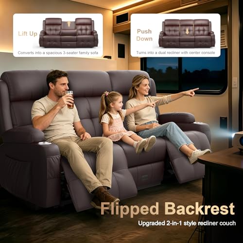 3-Seater Reclining Sofa Couch, RV Wall Hugger Loveseat with Flip-Down Console, LED Lights, Built-in Power Strip, Massage, Cup Holders & Storage Drawer, 150° Home Theater Seating for RV & Living Room - color: Brown, size: 3-Seater with Flip Back