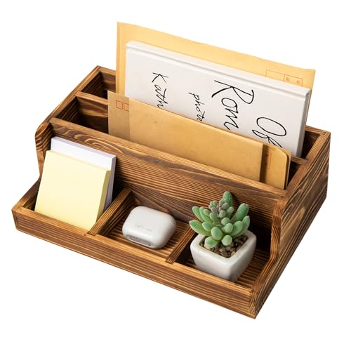 Rustic Brown Wood Mail Organizer Stationery Sorter Letter Holder Office Supply Storage Caddy 2 Slots 3 Trays Desktop Envelope Document Notepad Countertop Daily Accessories Table Home Entryway