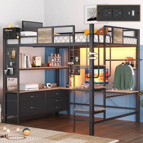 Dnxao Full Loft Bed with Desk and 5 Storage Drawers, Loft Bed Full Size with 1 Bedside Organizer,Removable Ladder, LED Lights and Charging Station,Clothes Rail,Safety Guard,Oak Gray | Clothes Rail, Safety Guard, 1 Bedside Organizer - color: Oak Gray, size
