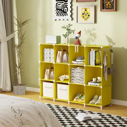 AWTATOS Cube Storage Organizer, Storage Cubes Shelves, 12 Cube Closet Organizers and Storage, DIY Stackable Bookshelf Plastic Clothes Organizer Shelving for Bedroom, Home,Yellow - color: Yellow