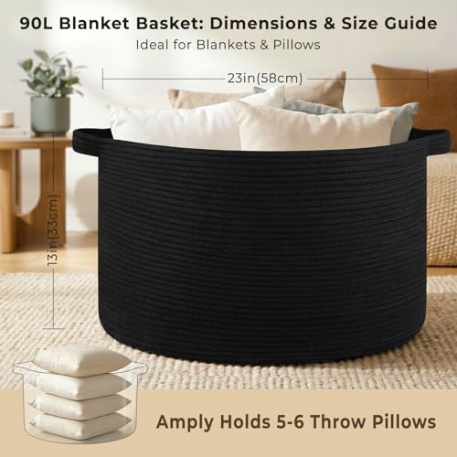 OIAHOMY 90L Blanket Basket for Living Room, Large Basket 23" x 23" x 13" with Handle, Laundry Hamper for Blankets, Pillows, Toy Storage for Kids, Dogs - Black - color: Black, size: 23" x 23" x 13"
