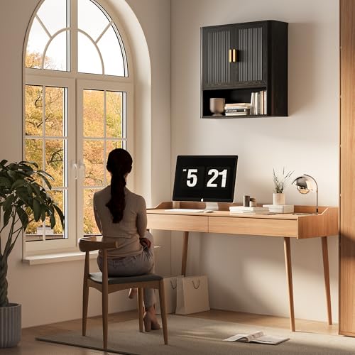 INNOD Bathroom Wall Cabinet, Wall-Mounted Medicine Cabinet with Adjustable Wood Shelf & Doors, Floating Bathroom Cabinet Over Toilet for Laundry Room & Kitchen & Living Room (Black) - color: Black
