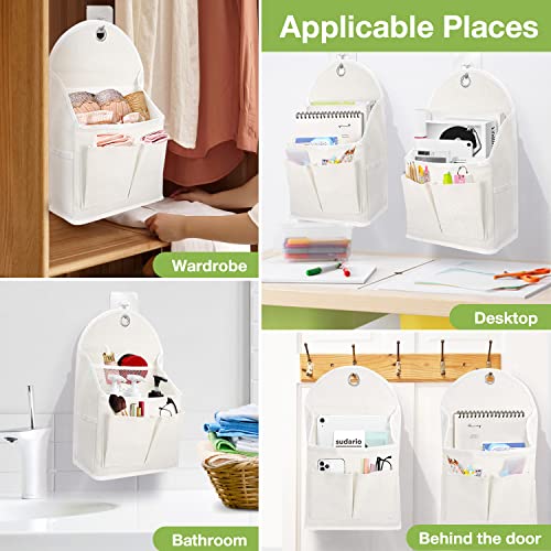 Ndeno 2 Pack Wall Hanging Organizer Bag with Pockets Fabric Storage Bag Basket Caddy Waterproof Over the Door Pouch Closet Shelves with Hook for Kitchen,Bedroom, Bathroom (White+White), (01)