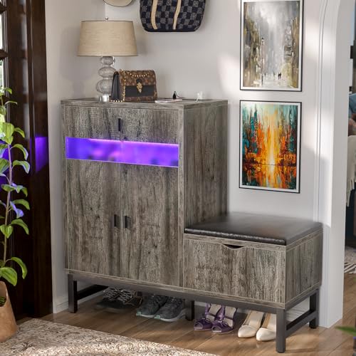 Armocity Shoe Cabinet Storage for Entryway - Freestanding Shoe Rack Bench with LED Lights & Power Outlets, Reversible Shoe Storage Cabinet Organizer with Drawer and Hidden Compartment, Grey Oak - color: Grey