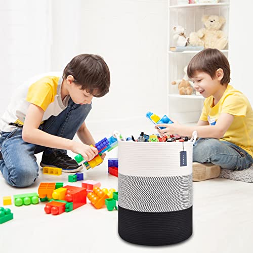COMSE Extra Large Blanket Basket, Tall Woven Storage Basket, Nursery Hamper, 15.7”x 21.7”, Cotton Rope Laundry Hamper for Toys Clothes Towels, White/Gray/Black - color: White & Gray & Black