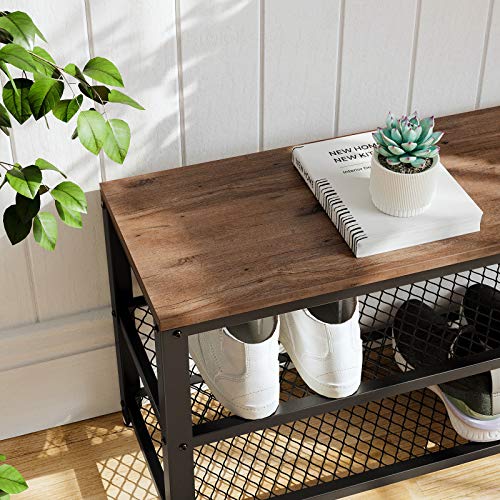 VASAGLE 3-Tier Shoe Rack, Shelf Storage Bench with Metal Mesh Shelves and Seat, Free Standing Shoe Organizer for Entryway, 11.8 x 28.7 x 17.7 Inches, Hazelnut Brown and Black ULBS073B03 - color: Hazelnut Brown + Black, size: 28.7"W x 17.7"H, style: Bench