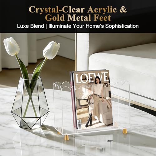 Acrylic Magazine Holder,Magazine Rack Floor,Crystal Clear Stylish Organizer with Luxe Gold Metal Feet and Wave Edge Design Space Saving Storage for Books Newspapers Office Supplies,Home Office - color: Clear