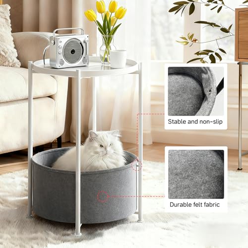Small Round Side Table with Felt Storage Basket, Metal End Table with Removable Tray and Adjustable Feet, Accent Table for Nursery, Bedroom, Living Room, Laundry Room, White - color: White