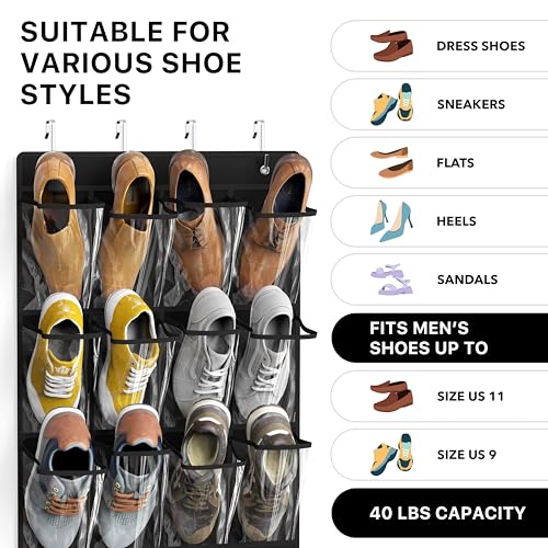 Simple Houseware 24 Pockets Large Clear Pockets Over The Door Hanging Shoe Organizer, Black (56" x 22.5") - color: Black, size: Extra Large Pockets