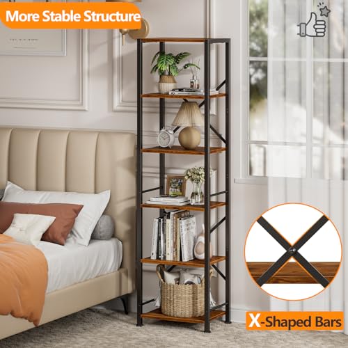 Furologee 6 Tier Tall Bookshelf, Industrial Narrow Bookcase, Display Standing Shelf Units, Metal and Wood Storage Rack Organizer for Living Room, Home Office, Entryway, Kitchen, Rustic Brown - color: Rustic Brown, size: 6 Tier - 15.3"W