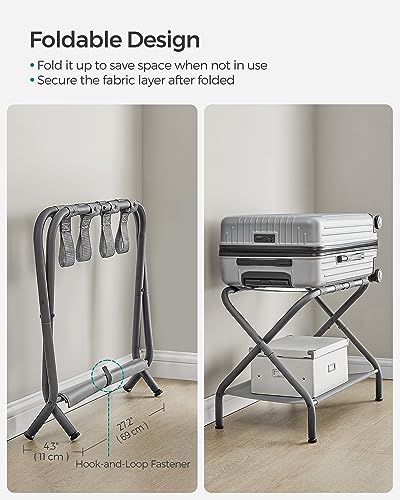 SONGMICS Luggage Racks, Set of 2, Suitcase Stand with Fabric Storage Shelf, for Guest Room, Bedroom, Hotel, Foldable, Holds up to 110 lb, 27.2 x 15 x 20.5 Inches, Slate Gray URLR002G02 - color: Slate Gray, style: with Shelf