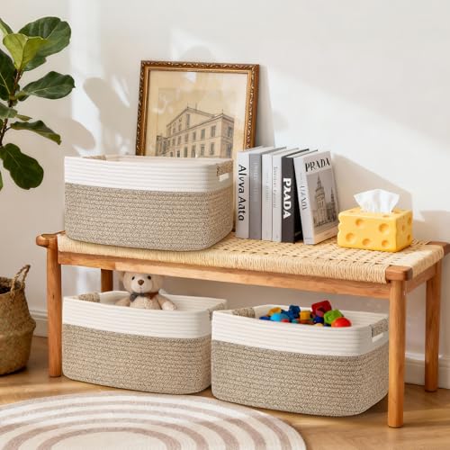 4 Pack Large Storage Basket for Organizing, 17.5"x13"x7" Woven Basket for Shelves, Closet Cube Storage Bins with Wrapped Handle, Cotton Rope Baskets for Kitchen, Clothes, Toys(Off White & Brown) - color: Off White & Brown, size: 4 Pack