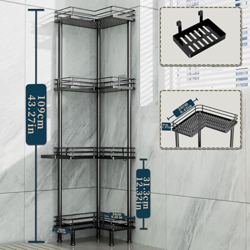 Consumest Corner Shower Caddy Standing - 4-Tier Stainless Steel Shower Organizer with Soap Holder and 4 Hooks, Large Capacity Corner Shelf Stand for Bathroom, Rest Room, Black - color: Black, size: 4 Tier