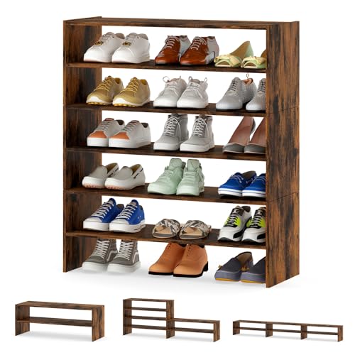 Tangkula 6-Tier Stackble Vertical Shoe Rack, Space Saving Wooden Corner Shoe Storage Shelf for 18 Pairs, 3-in-1 Adjustable White Shoe Organizer for Front Door Entryway - color: Rustic Brown