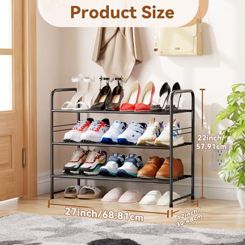 Shoe Rack, Closet Metal 27 Inch Wide 3 Tier Metal Shoe Organizer for Entryway, Stackable & Adjustable, Black