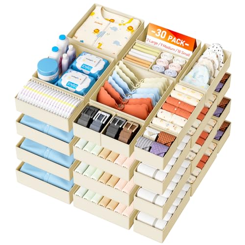 DIMJ Drawer Organizer Clothes - 30 Pack Closet Drawer Organizer Bins for Baby Clothes Storage, Fabric Dresser Organizer for Nursery Bedroom, Foldable Small Drawer Dividers for Underwear Socks - color: Beige, size: 30 Pack